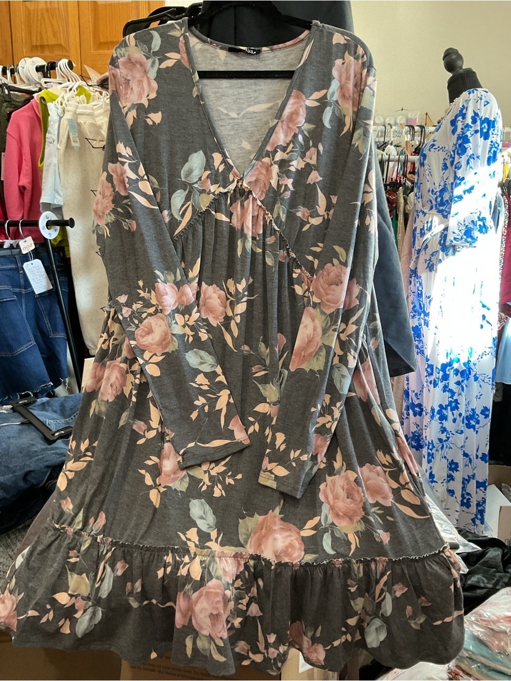 B189 - Heimish USA Floral Babydoll Ruffle Hem Long Sleeve Dress